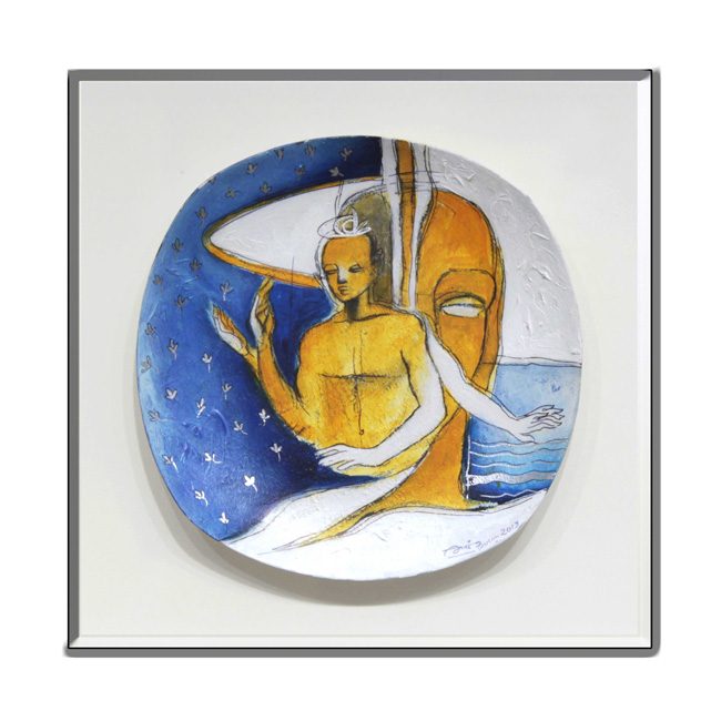 Painted plate: a figure in blue and gold