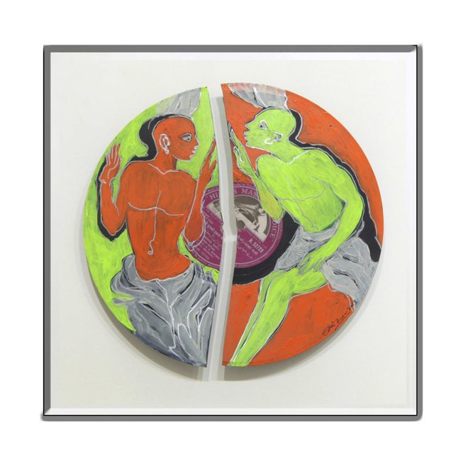 Painted record split between orange and green figures