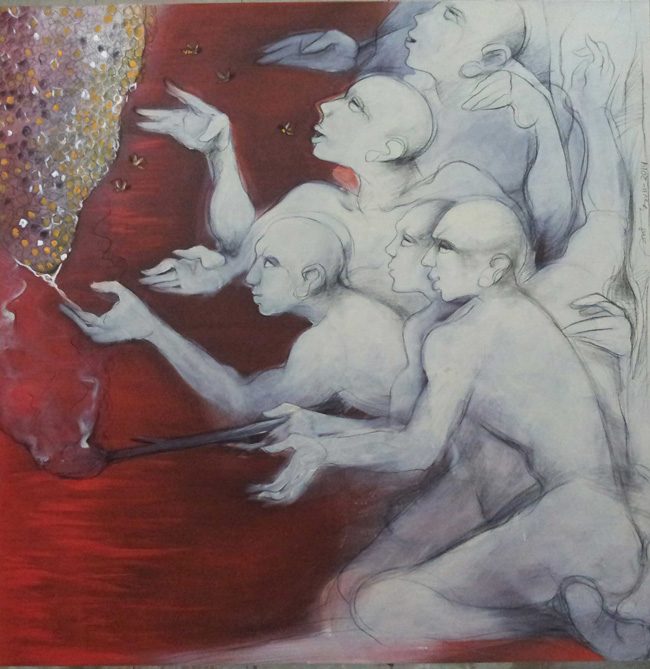 Pale figures gathered against a deep red ground