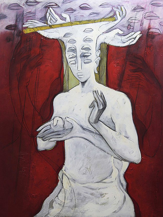 Chalk-white seated figure against a deep crimson ground, a gold flute held aloft