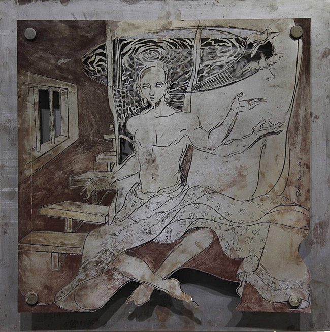 Bolted metal relief panel with figures in an architectural space